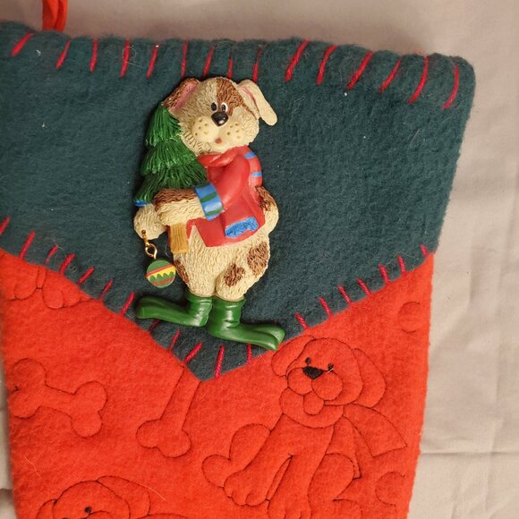 Christmas Red/Green Puppy Bone Felt Dog Stocking W/ Adorable Resin Puppy - Picture 2 of 7